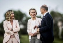 Savelletri, Borgo Egnazia, Summit dei capi di stato del G7. Nella foto Olaf Scholz, Cancelliere della Germania, la presidente del Consiglio Giorgia Meloni, Ursula von der Leyen, Presidente della Commissione europea