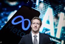 Logo di Meta visualizzato su uno smartphone con intelligenza artificiale AI. Mark Zuckerberg.