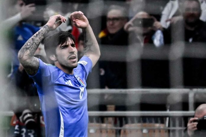 Milano, San Siro Stadium, Giuseppe Meazza. Uefa Nation League. Quarter-finals 1st leg. Italia Vs Germania. Italia in vantaggio con Sandro Tonali