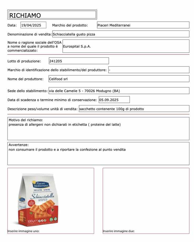 richiamo Ministero schiacciatella alla pizza
