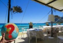 Ristorante in riva al mare e pesce fresco a meno di 10 euro a persona, dove si trova: prenota subito! tavolini sul mare con mappamondo e punto di domanda