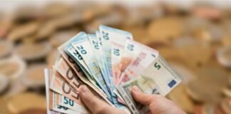 mani di persona con banconote in euro e sfondo di monete