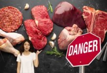 carne rossa e frattaglie, donna che indica con il dito e segnale danger