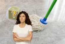 donna che pensa, ingredienti misterioso e mocho per pavimenti