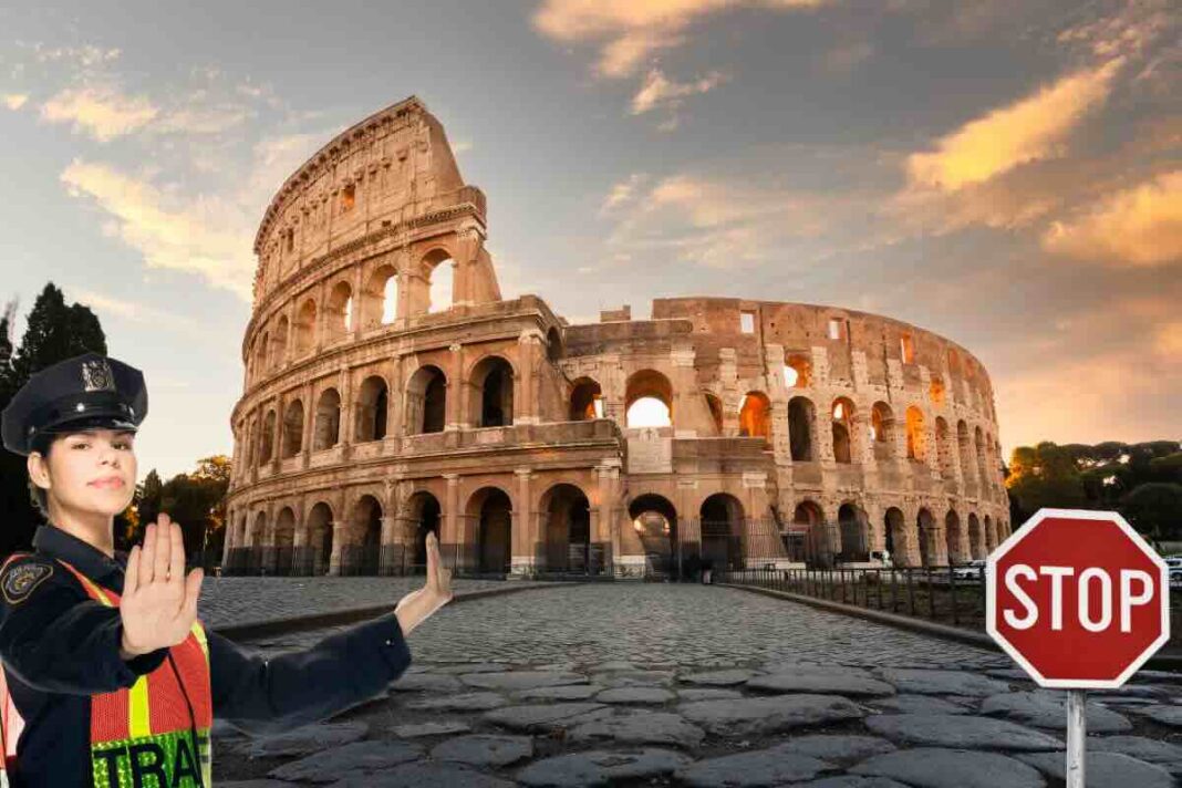 Colosseo, vigile, segnale stop