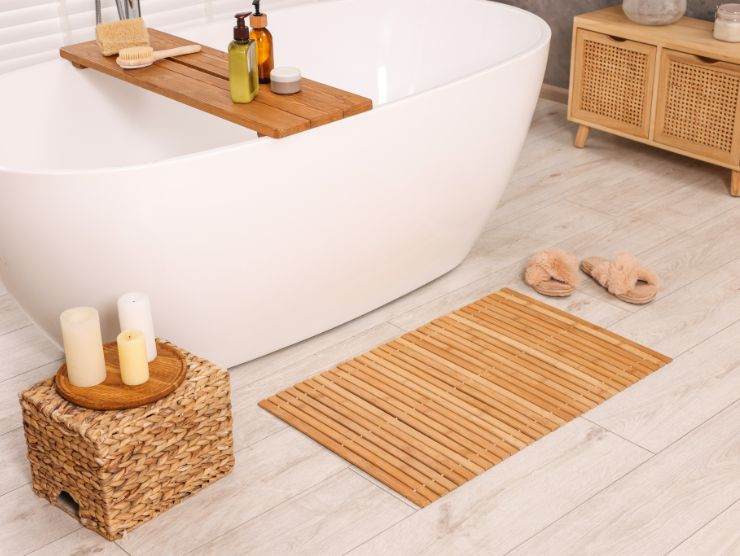 bagno con tappetino in legno