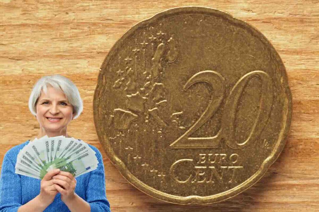 moneta da 20 centesimi e donna con banconote da 100 euro