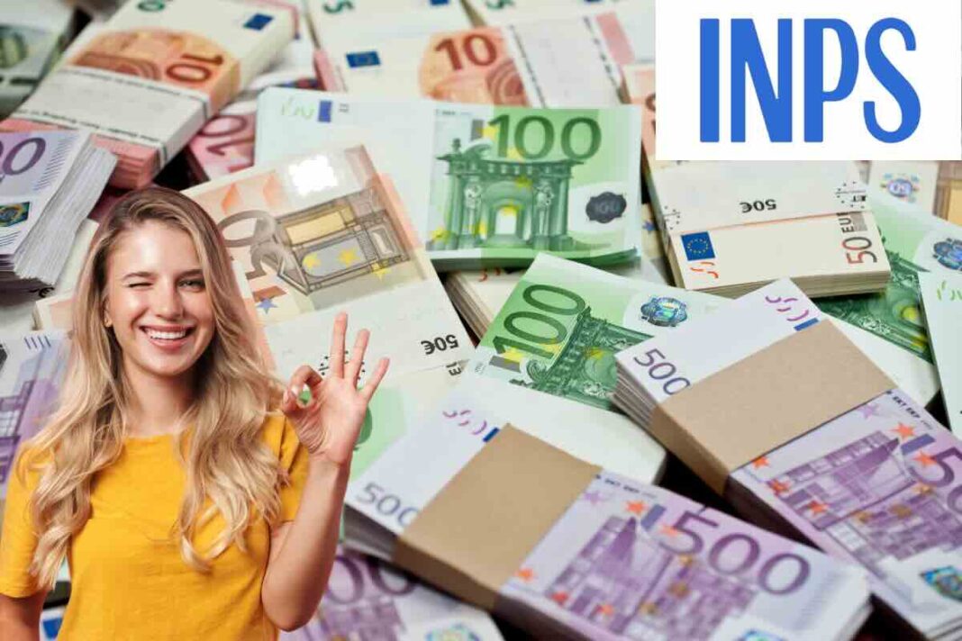 banconote varie in euro, donna felice e logo Inps