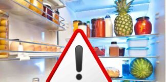 alimenti nel frigo e segnale pericolo