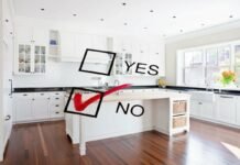 cucina con isola e scritta no