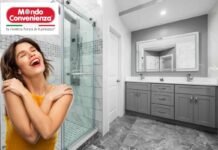 Bagno, donna felice e logo Mondo Convenienza