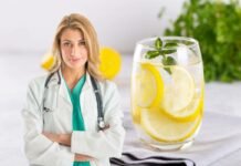 dottoressa e bicchiere con acqua e limone