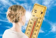 Acconciature anti-afa per tutti i tipi di capelli: per affrontare il caldo torrido ma con stile donna di spalle con chignon accanto ad un termometro per temperatura