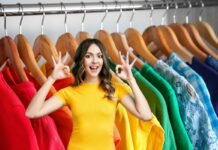 donna che fa ok e abiti colorati appesi