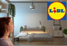 donna con occhi chiusi, casa zen bianca e con piante e logo lidl