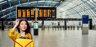 donna in aeroporto con bagaglio giallo