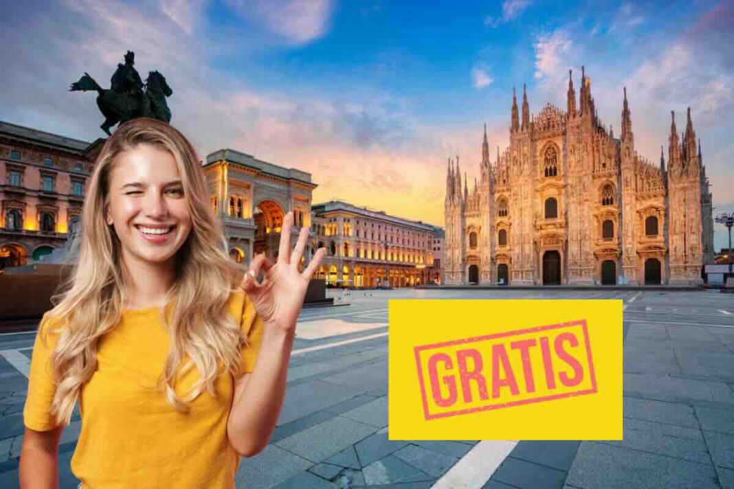 duomo di milano, ragazza felice, scritta gratis