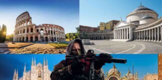Colosseo, piazza plebiscito, duomo milano, piazza san marco, uomo con passamontagna e fucile