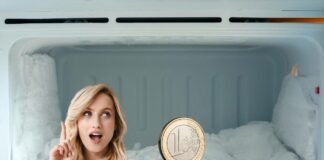 donna con idea e moneta nel congelatore