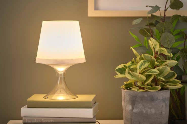 lampada ikea sopra libri vicino piante