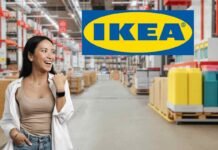 scaffali ikea, donna felice e logo ikea