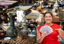 oggetti vari di antiquariato e donna con banconote euro