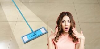 donna stupita e pavimento brillante alle spalle