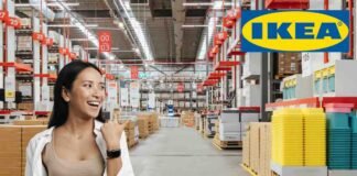 donna nel magazzino ikea con logo ikea