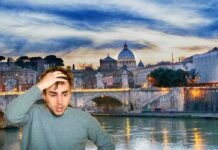 sfondo di roma e uomo sconcertato