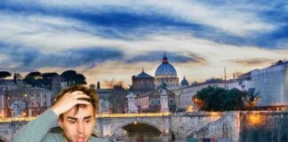 sfondo di roma e uomo sconcertato