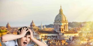 paesaggio di roma e uomo preoccupato e spaventato