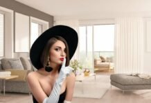 donna elegante e soggiorno moderno