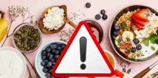 prodotti vari colazione, frutta, yogurt, bowl e segnale pericolo