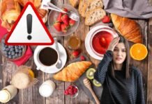 donna preoccupata, alimenti colazione e segnale stop