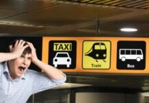 uomo spaventato con le mani in testa e icone taxi, treno, bus