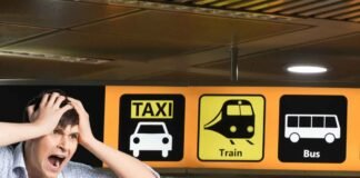 uomo spaventato con le mani in testa e icone taxi, treno, bus