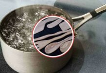 mestoli in legno e bollitore con acqua bollente