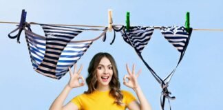 bikini steso e donna che fa ok con le mani