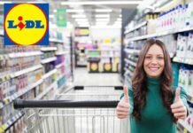 Avrai una cucina nuova con soli 19,99 euro: assalto ai punti vendita Lidl donna felice, sfondo supermercato e logo lidl
