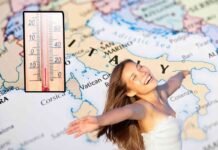 Lascia il tuo paese e vieni qui in estate: temperatura sempre intorno ai 10 gradi! cartina dell'itala, donna felice, termometro