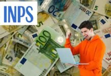 banconote euro, uomo felice al pc e logo inps