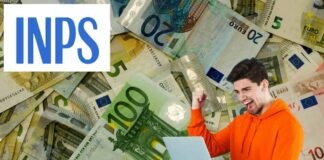 banconote euro, uomo felice al pc e logo inps