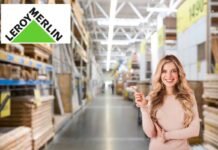 magazzino negozio ferramenta, donna felice, logo Leroy merlin