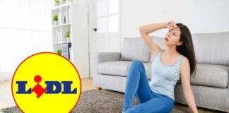 donna seduta a terra che sente caldo e logo lidl
