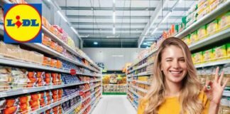 supermercato, donna felice, logo lidl