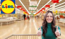 donna con pollici in su, carrello nel supermercato e logo lidl