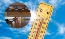 termometro che segna temperatura alta e donna che pulisce sotto il letto