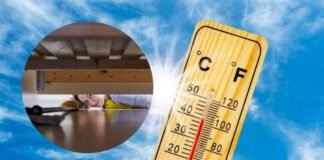 termometro che segna temperatura alta e donna che pulisce sotto il letto