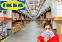 magazzino ikea, logo ikea e donna con euro