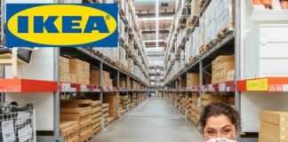 magazzino ikea, logo ikea e donna con euro